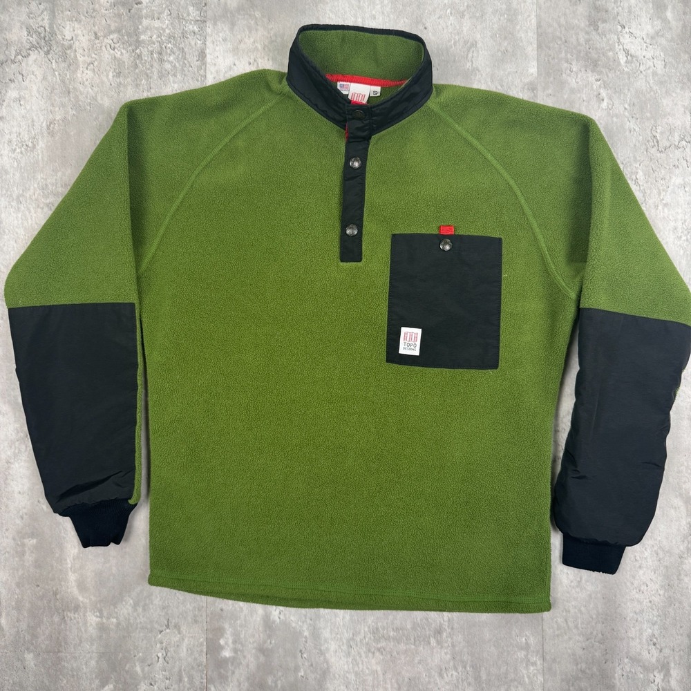 Topo Designs Mountain Fleece Pullover Mens S Green Black Snap Neck Made in USA